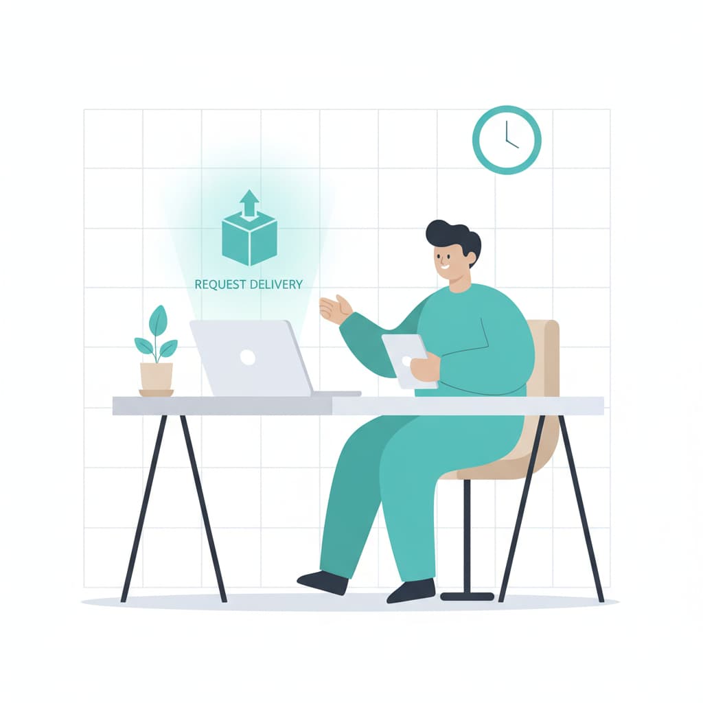 Person at desk requesting delivery on laptop